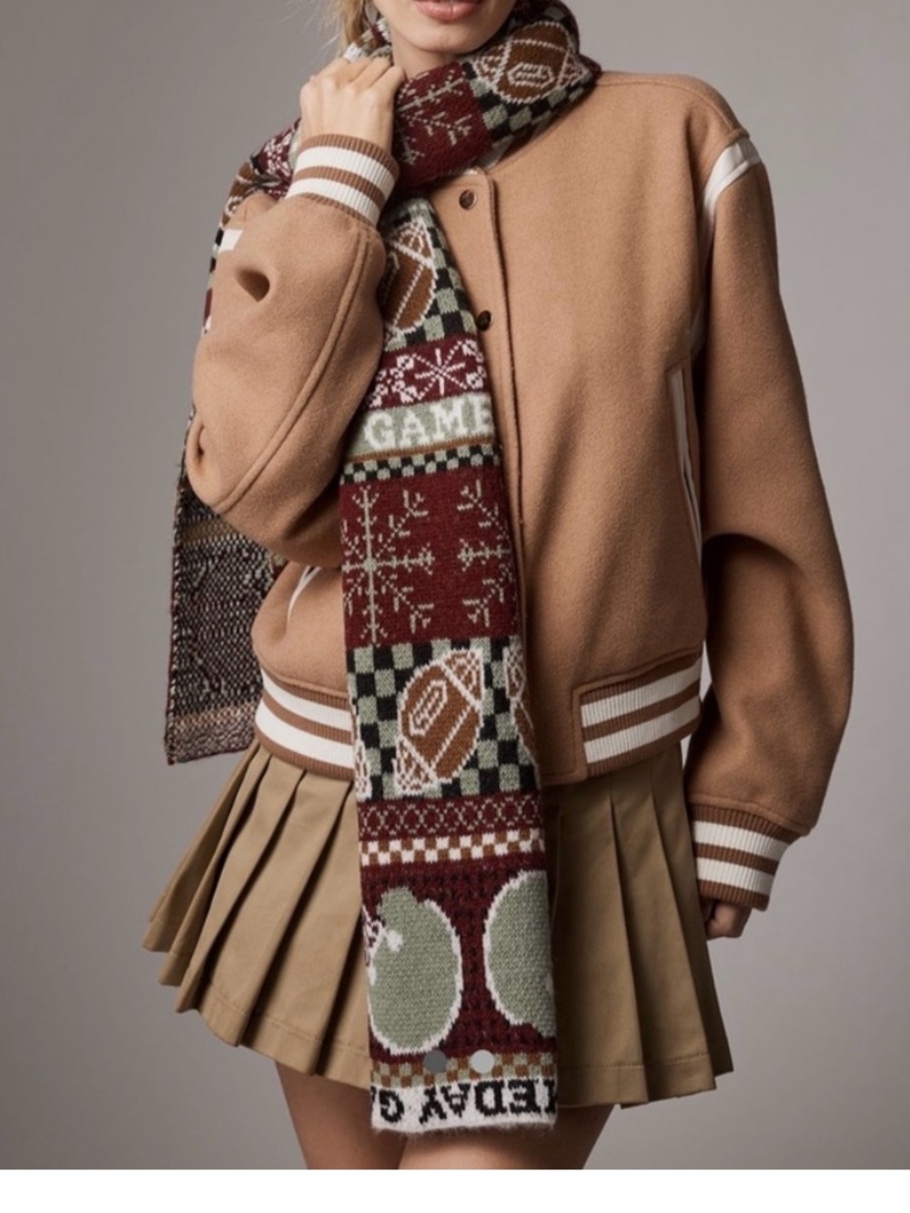 Anthropologie Maroon, Green & Cream Patterned Knit Scarf with footballs.